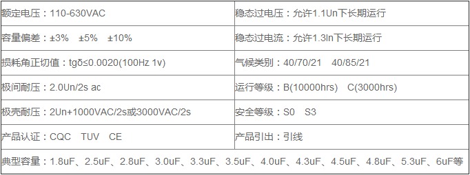 空調(diào)風機電容器技術(shù)參數(shù)表